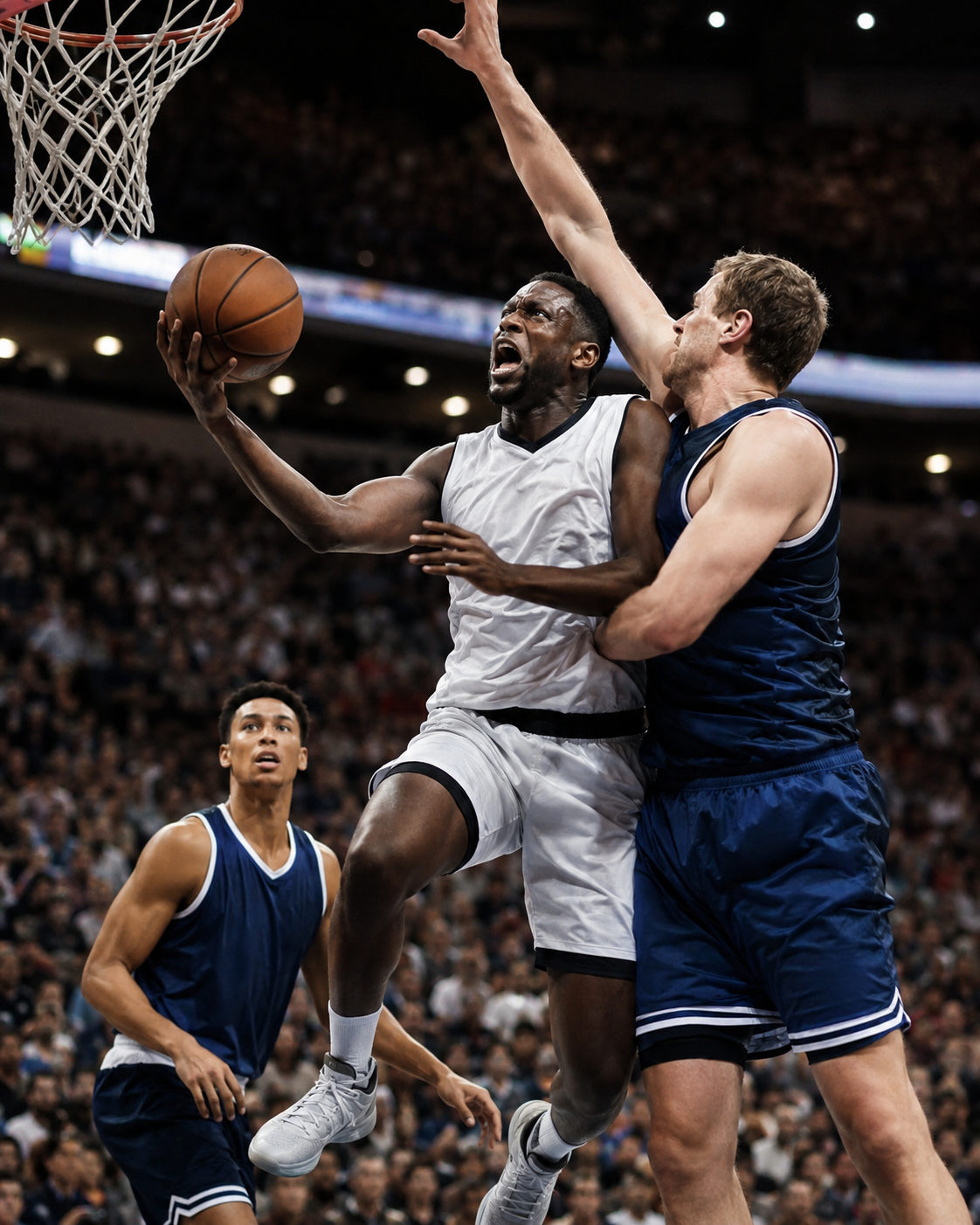 Men basketball players competing near the basket